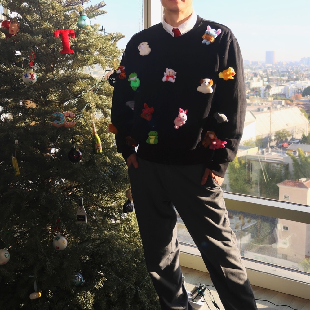 Black Crewneck Sweater with Colorful Pom-Poms